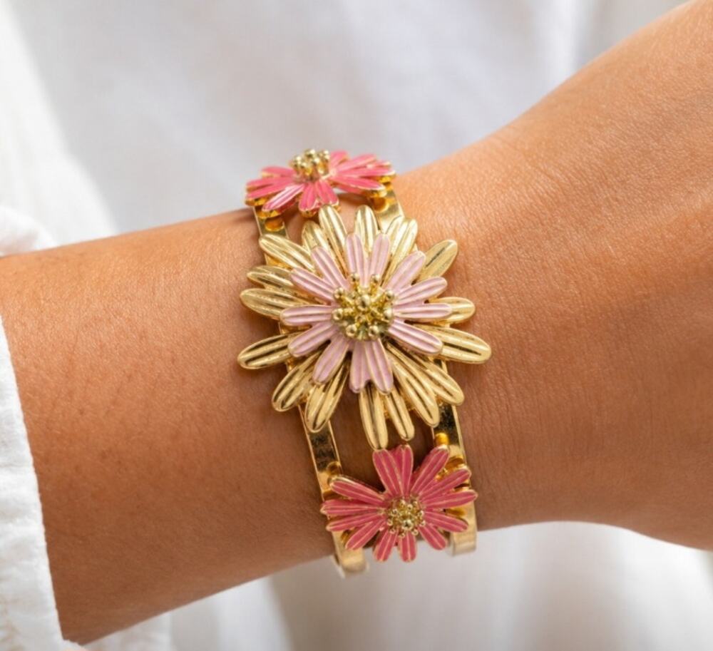 Dauplaise Gold Pink Flower Cuff New